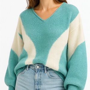 Lindsay Scott Angora Sweater Colorblock Balloon Sleeve Teal White Cozy Medium
